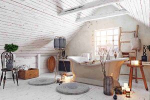 Bagno stile shabby chic con vasca da bagno al centro