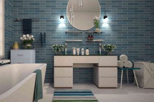 piastrelle bagno moderne in un ambiente dove i colori dominanti sono bianco e blu