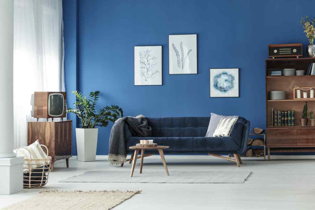 soggiorno con pareti blu e divano blu
