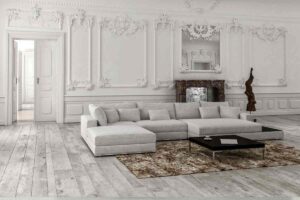 living in stile neo classico con boiserie bianca