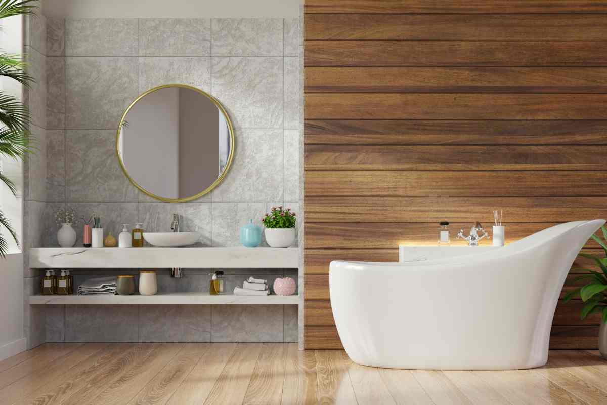 doppia parete con legno e piastrelle e vasca da bagno asimmetrica