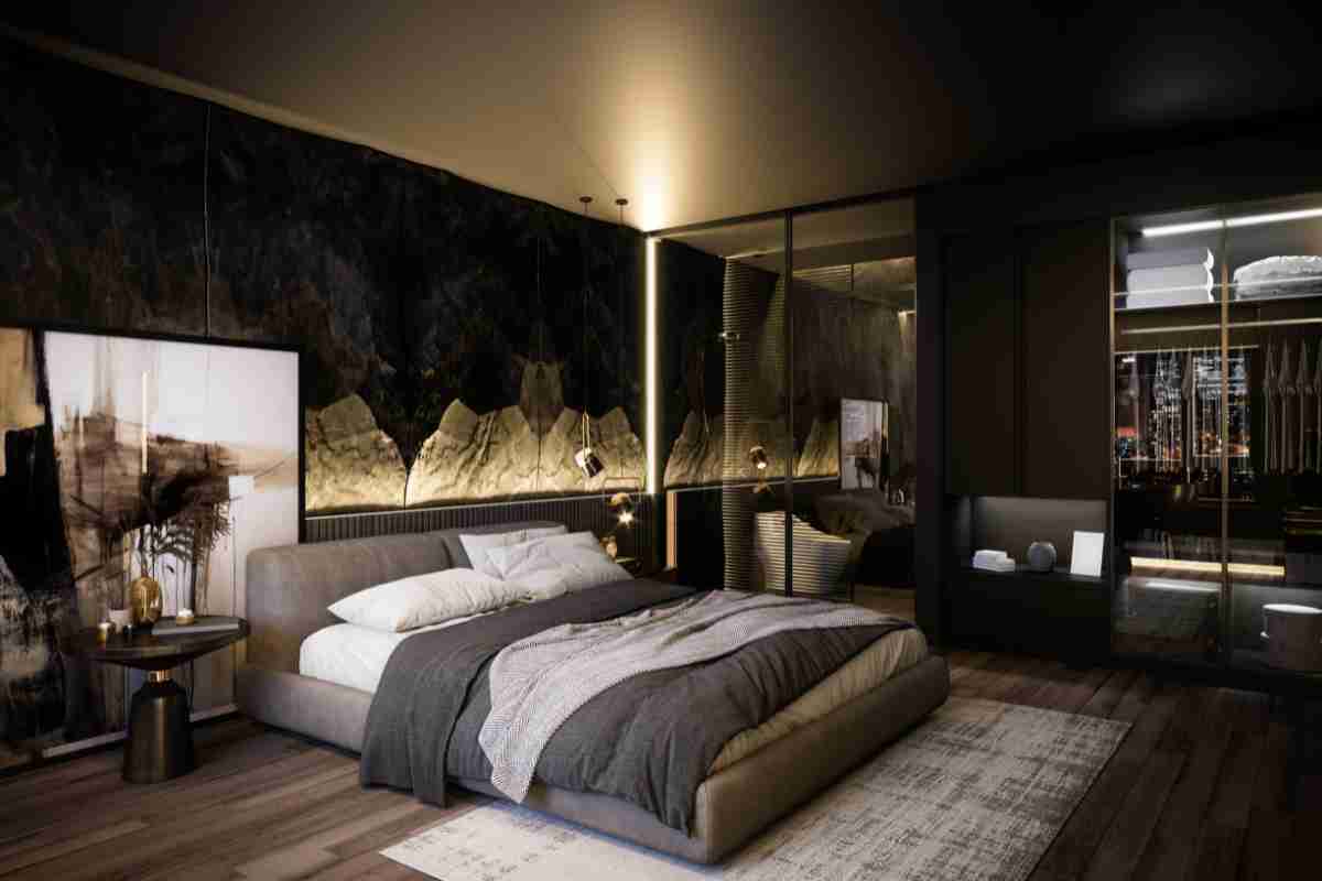 Camera da letto moderna arredata con tonalità scure