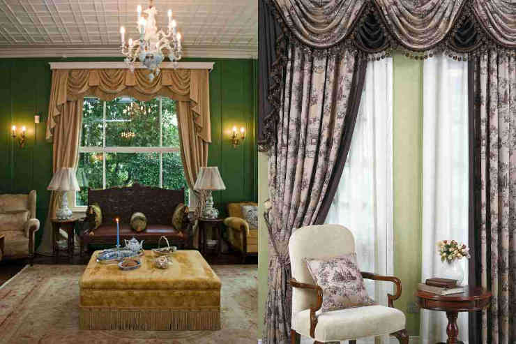 due esempi di casa arredata in stile vittoriano ottocentesco con tende drappeggiate divano e tavolino con tessuti e frange