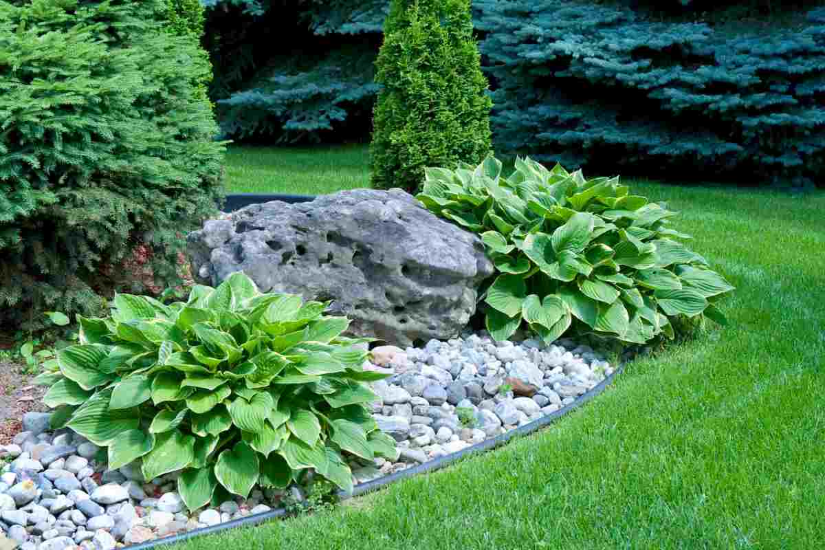 Pietre in giardino delimitano l'aiuola con ciottoli e pietra lavica grande