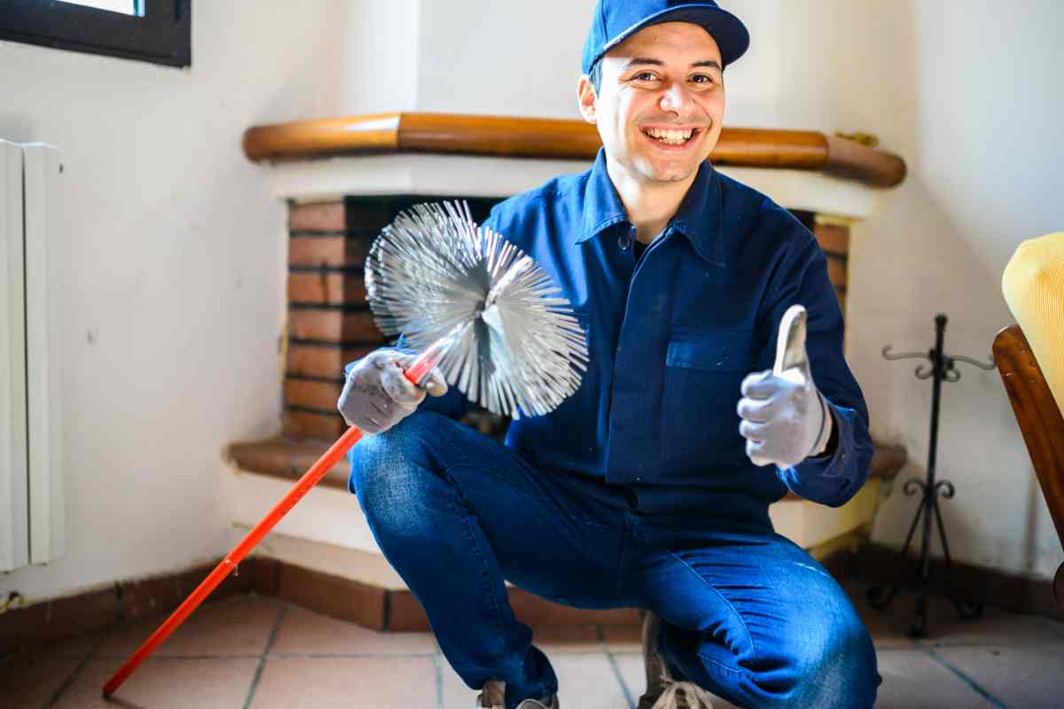 Spazzacamino con spazzola per pulire la canna fumaria