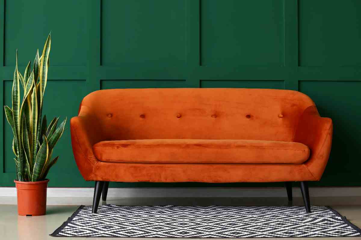 Contrasti di colori qui la parete verde con il divano mattone
