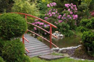 Giardino in stile zen con laghetto, ponte, cespugli, alberi, rocce