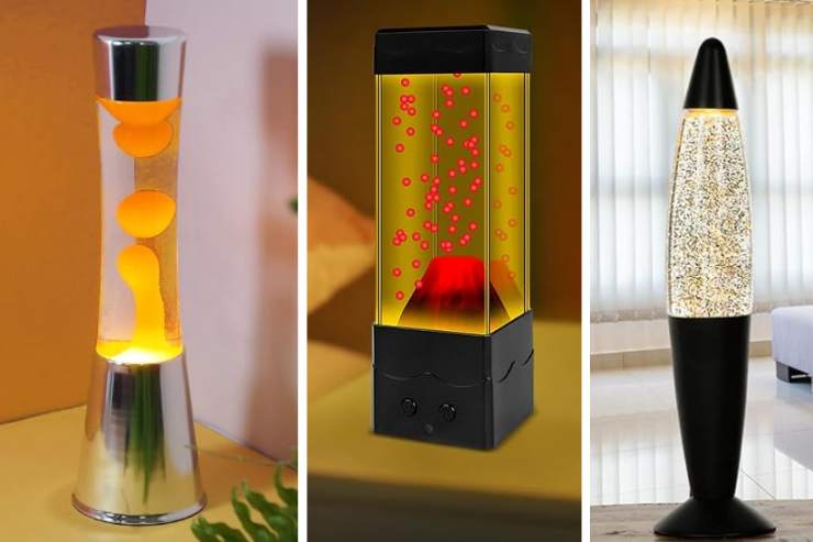 tre tipi di lava lamp diversi con liquido arancio rosso e glitter