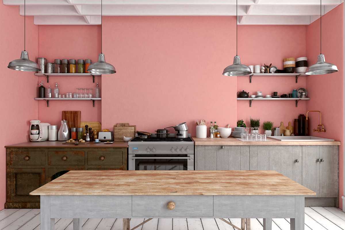 Cucina grigia parete rosa