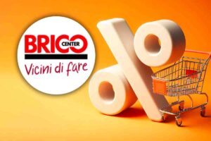 un carrello, un simbolo della percentuale e il logo di brico