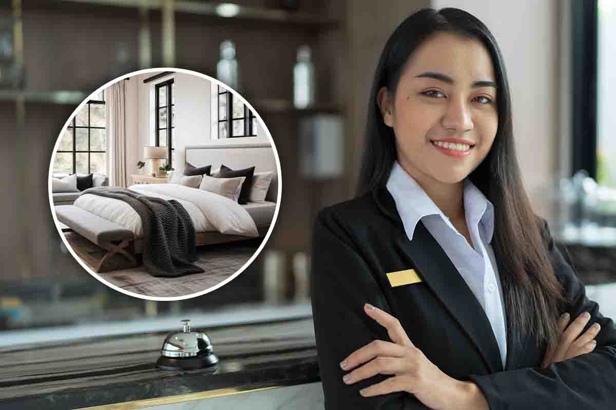 Camera da letto come quella degli hotel di lusso e receptionist