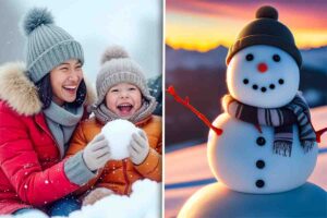 Pupazzo di neve fai da te, mamma e bimbo con neve in mano