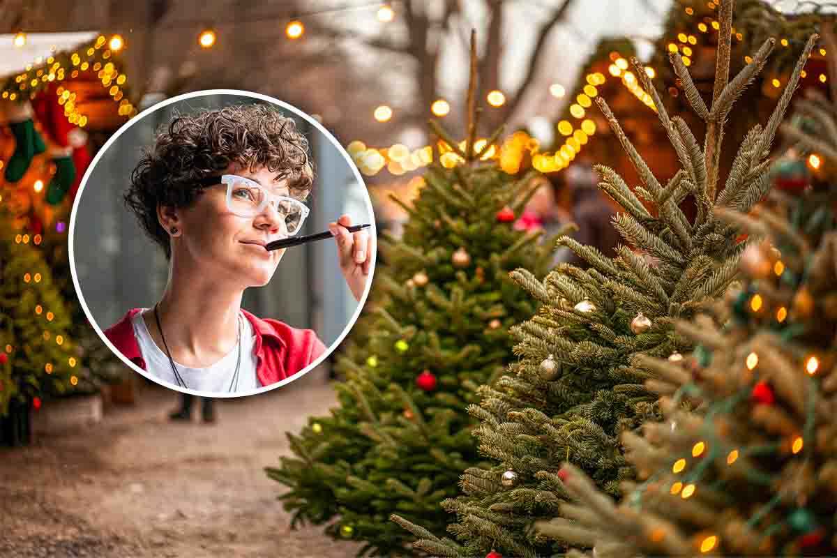 alberi di natale e donna pensierosa