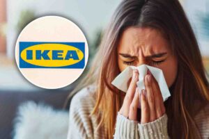 Ragazza si soffia il naso, in un circoletto il logo ikea