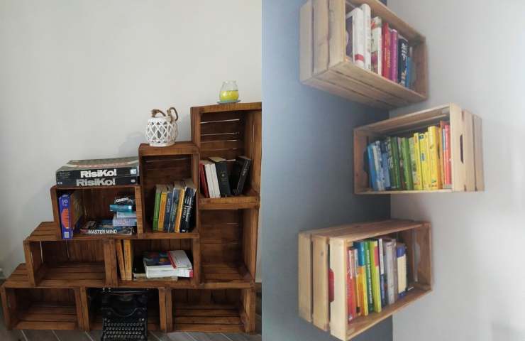 collage librerie con cassette della frutta