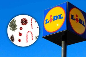 l'insegna di lidl e nel cerchio delle decorazioni natalizie