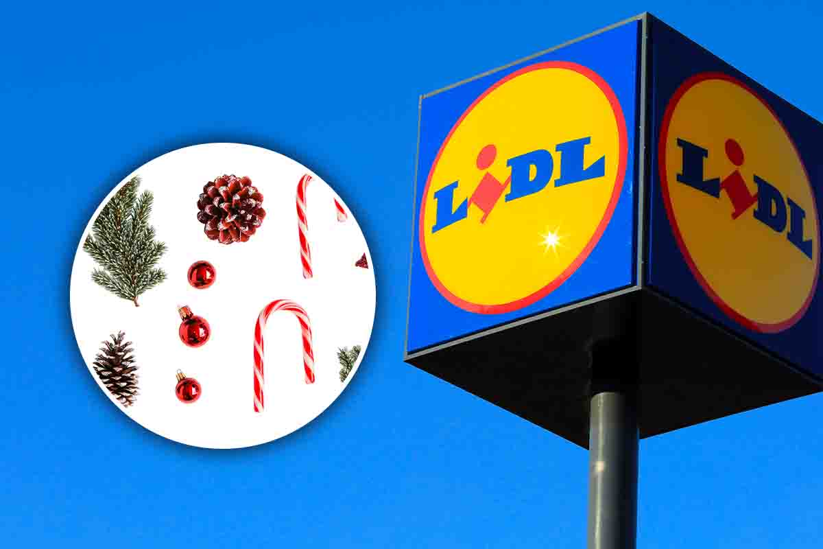 l'insegna di lidl e nel cerchio delle decorazioni natalizie