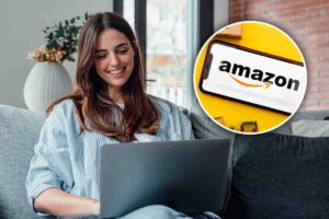 Logo Amazon e ragazza al computer