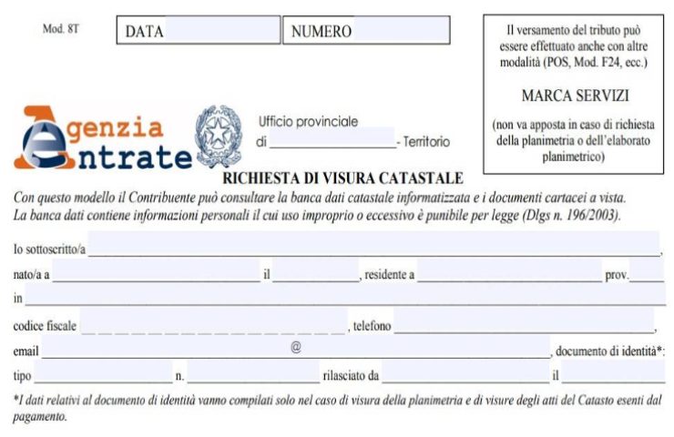 Modulo Agenzie delle Entrate per visura catastale