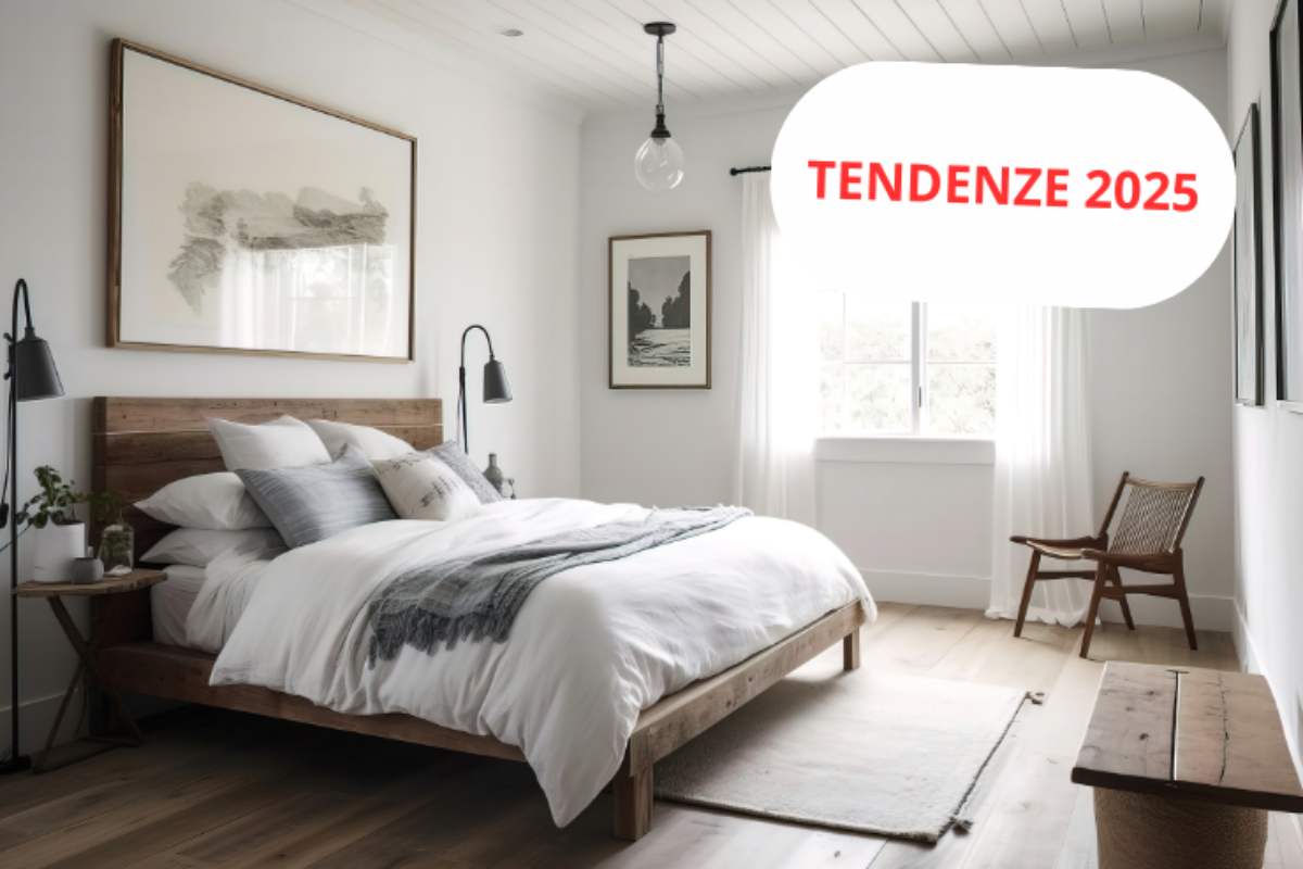 camera da letto arredata e frame con scritta tendenze