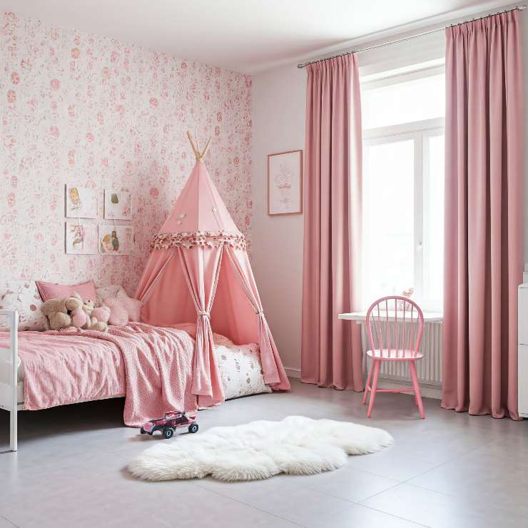 cameretta rosa aggiungi tenda per stile scandinavo