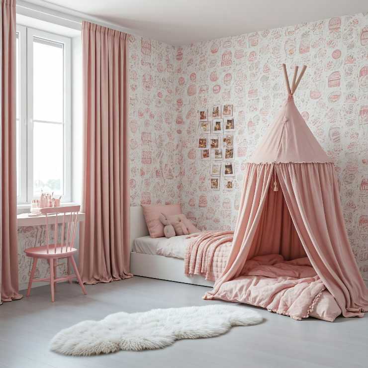 cameretta rosa aggiungi tenda per stile scandinavo