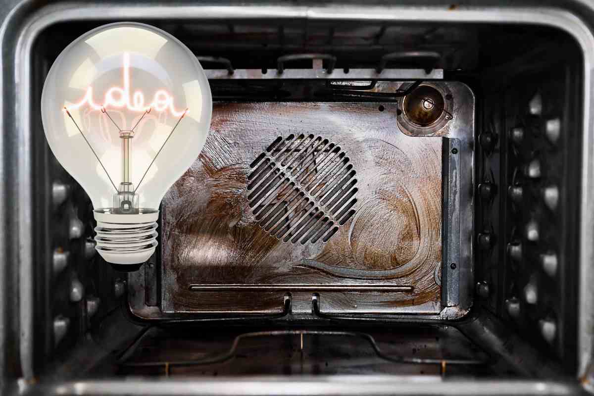 forno sporco e lampadina con scritta idea