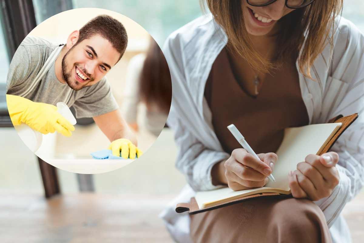 Donna scrive su un quaderno, ragazzo pulisce