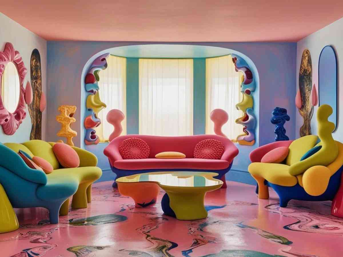 Soggiorno di una casa ispirata al surrealismo con mobili colorati e dalle forme strane