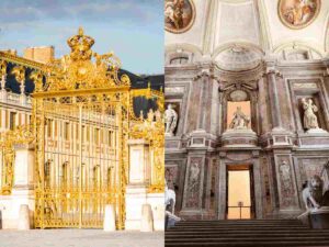 esterno del cancello dorato di Versailles e interno della Reggia di Caserta