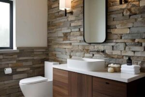 Bagno arredato con legno e piastrelle piccole