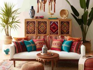 arredo boho mexican con divano chiari e cuscini colorati