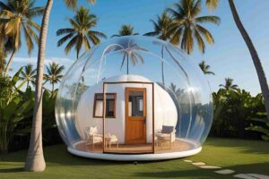 bubble house su giardino e con palme attorno